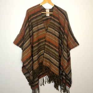 Free People Knit Shawl in brown with pink details and fringe- One Size